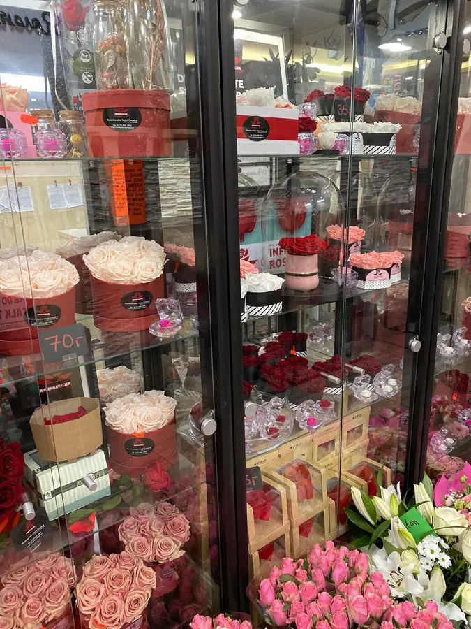 Vitrine mit Rosen in Hutschachteln und Glaskuppeln